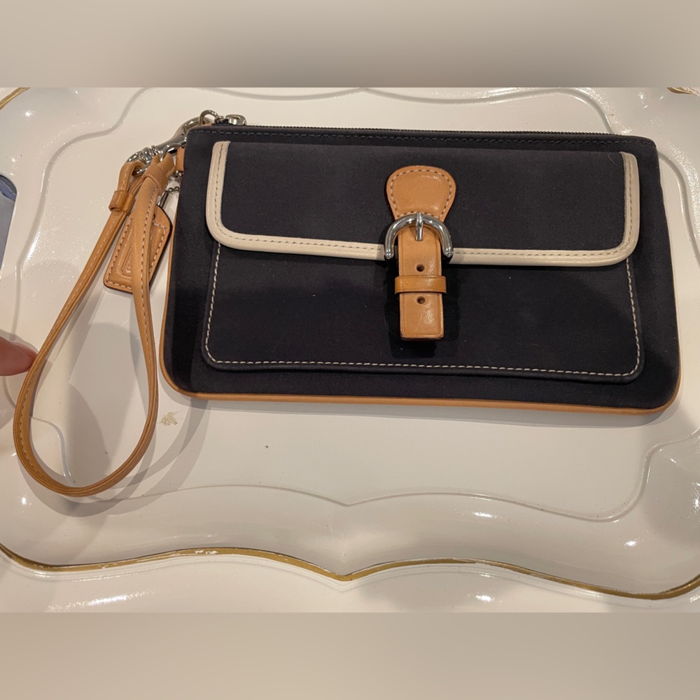 Coach Black and Tan Clutch with Buckle and Wristlet